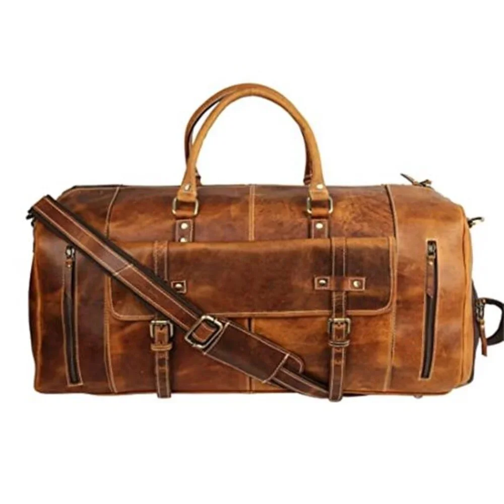 Men's Leather Duffle Bag, Distressed Tan, 28 Inch